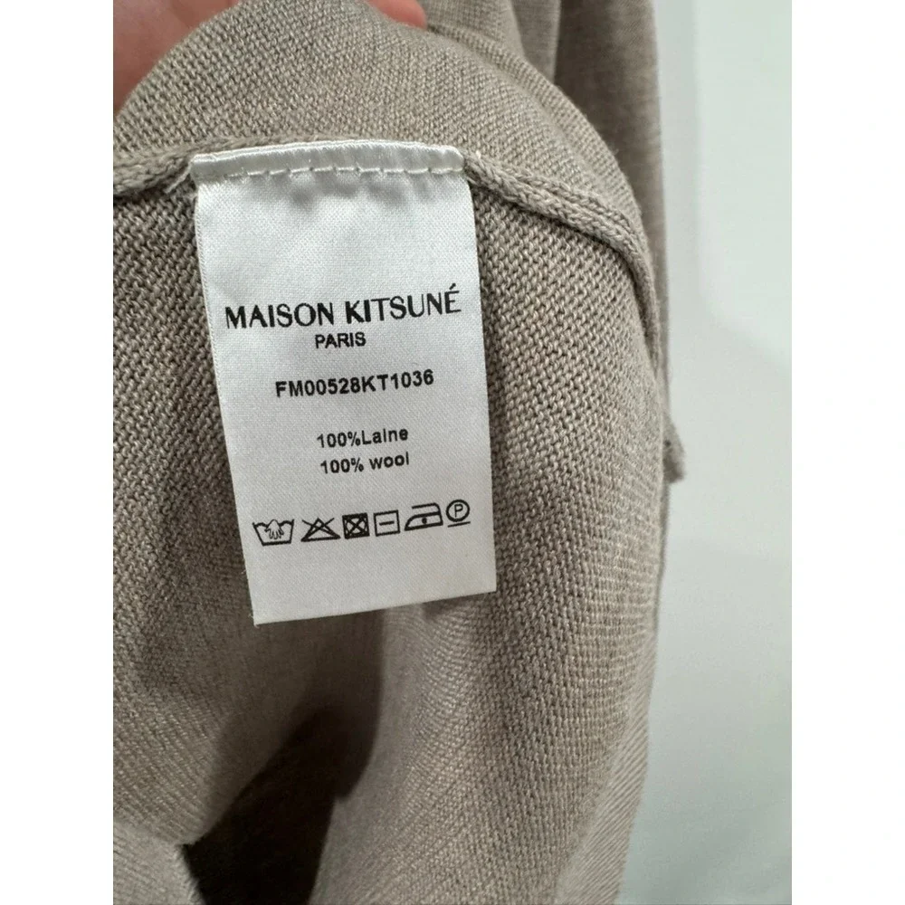 Maison Kitsune Fox Head Patch Wool Crewneck Sweater Taupe Beige Mens L